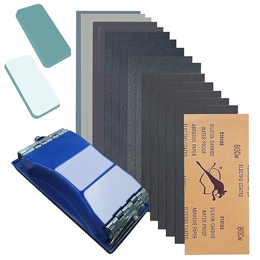 3-in-1 Wet Dry Sandpaper Set,48 Sheets of 80 to 3000 Grit Sand Paper,1 Sandpaper Holder and 2 Sponges Sanding Block for Wood Furniture Finishing Metal Automotive Sanding Polish
