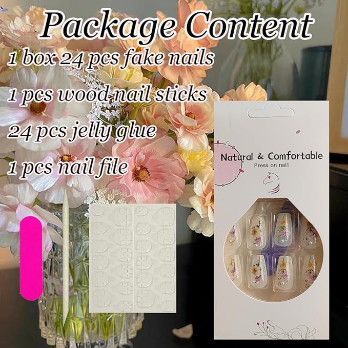 24Pcs Flower Press on Nails Short Coffin Fake Nails Spring Floral Acrylic Nails with Pearl Charms Glue on Nails Cute Acrylic Nails Glossy Full Cover Artificial Stick on Nails for Women Manicure Kit
