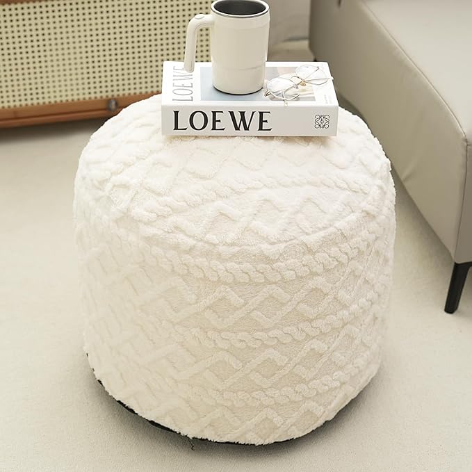 Beige Round Faux Fur Ottoman Pouf - 20x15 Inch Storage Foot Stool Cushion for Living Room & Bedroom Decor
