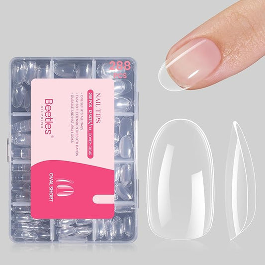 Beetles Gel Nail Tips 288Pcs Pre-Shaped Short Oval Fake Nails Gelly Tips Clear Press on Nail Tips Full Cover False Nails Gifts for Girls Women Gelly Tips Home DIY Nail Salon