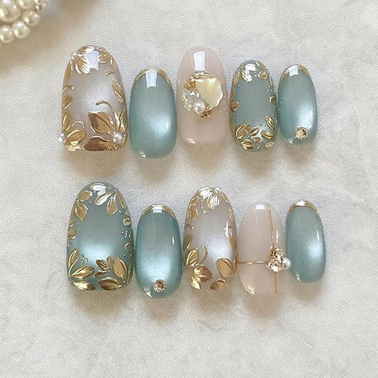24Pcs Short Almond Press on Nails Gold Flower Fake Nails with 3D Pearl Designs Blue Gilding French False Nails Glossy Full Cover Glue on Nails Summer Acrylic Stick on Nails for Women Manicure Kit