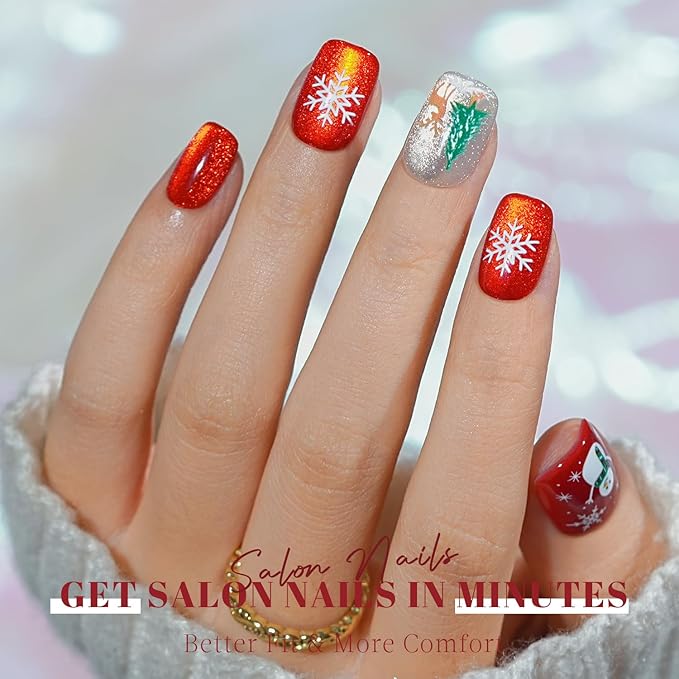 Christmas Press on Nails Short, Jofay Fashion Red Press on Nails, Fake Nails with Snowman, Xmas Tree and Elk Designs, Reusable Acrylic Cat Eye False Nails Glue on Nails Kit 32 Pcs