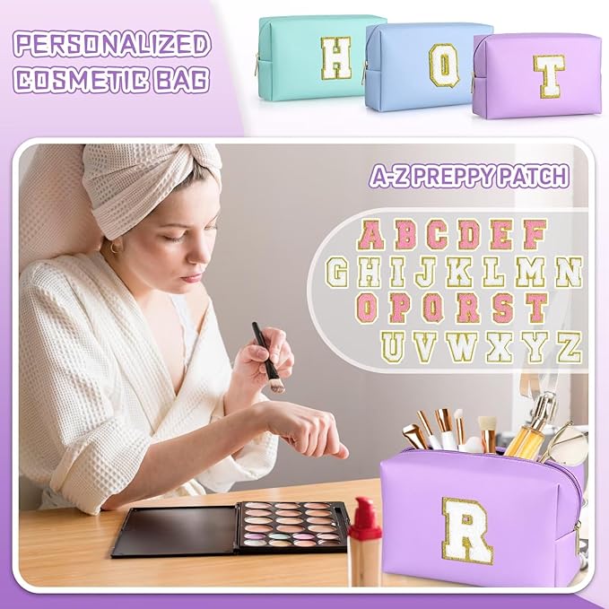 TOPEAST Initial Makeup Bags for Women, Personalized Portable Cosmetic Bag for Travel, Cute Makeup Pouch, PU Leather Waterproof Toiletry Bag, Preppy Things for Girl (Purple V)