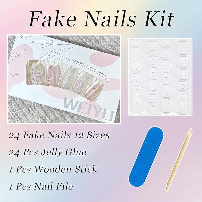 30Pcs Pink Press on Nails Medium Almond Fake Nails with Glitter Designs Stick on Nails Cute Heart Bow False Nails Gold Star Acrylic Nails Full Cover Glue on Nails for Women Nail Decoration Supplies