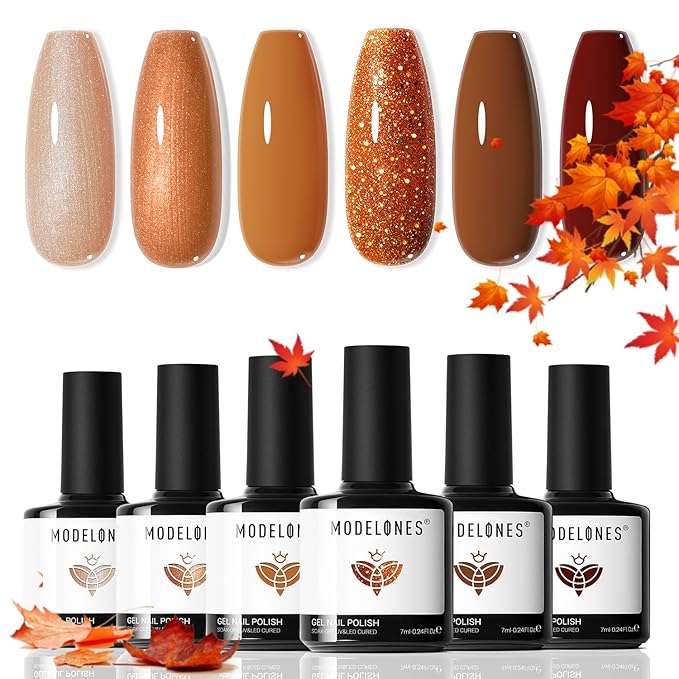 modelones Gel Nail Polish Set, 6 Colors 2025 Fall Winter Thanksgiving Nude Brown Gel Polish Glitter Pearl Cinnamon Tawny Orange Cherry Mocha Nail Polish All Skin Tones Soak OFF LED Nail Art DIY Gift