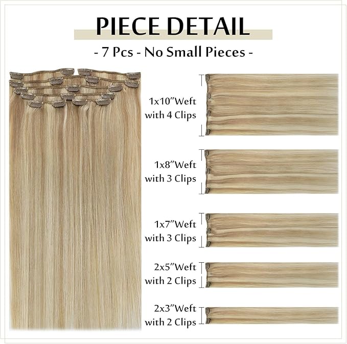 Full Shine Clip in Hair Extensions Human Hair Butter Blonde Highlights Platinum Blonde Clip in Human Hair Extensions Double Weft 7 Pcs 120 G 14 Inch