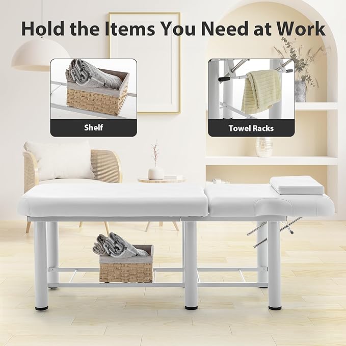 Professioanl Massage Table w/Adjustable Backrest for Treatment Table Spa Facial Bed Barber Beauty Equipment, Metal Frame PU Leather, Removable Headrest Salon Bed, White