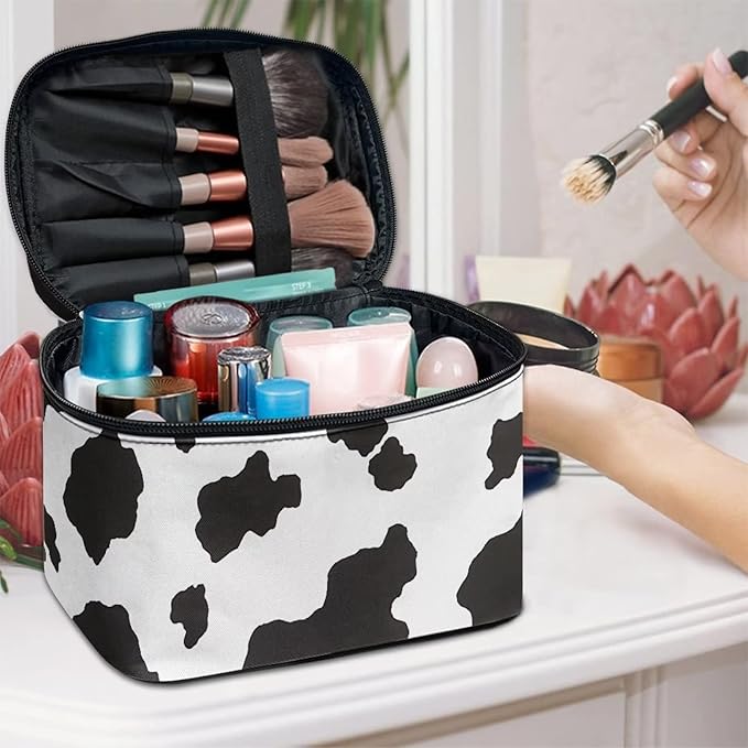 White Black Cow Cowhide Cute Print Portable Makeup Bags for Women Large Capacity Cosmetic Organizer and Storage Pouch with Zipper and Handle Travel Toiletry Accessories