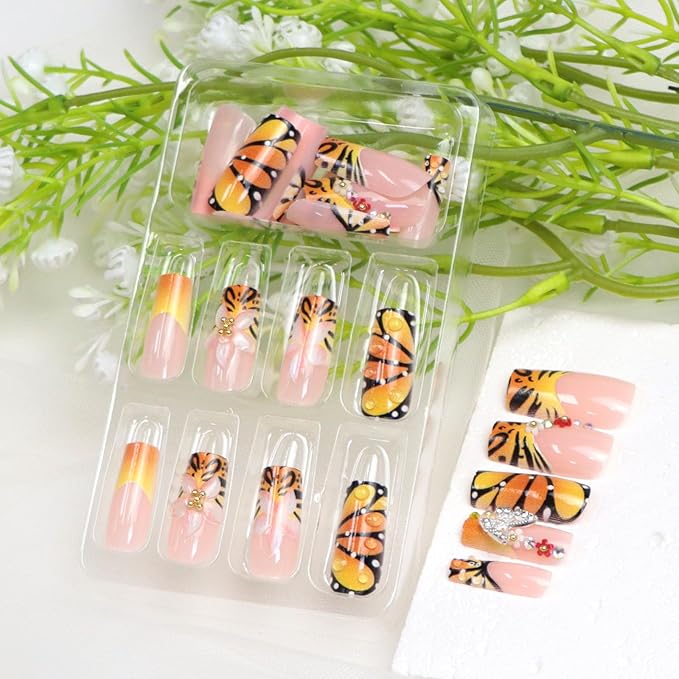 Fall Press on Nails Medium Length Square Fake Nails Orange Yellow Nails Press ons with 3D Flower Butterfly Designs French Tip Acrylic Nails for Women 24Pcs