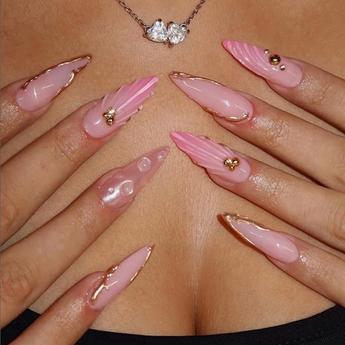 Pink Press on Nails Long Stiletto Fake Nails Ombre Glue on Nails with Gold Design Glossy False Nails Reusable Artificial Acrylic Full Cover 3D Ocean Shell Stick on Nails for Women Manicure 24Pcs