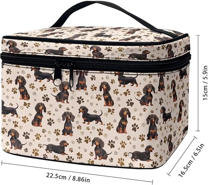 Dachshund Dog & Paws Print Travel Makeup Bags for Women Portable Tote Cosmetic Case with Carry Handle Toiletry Accessories Storage Organizer Bags, Beige