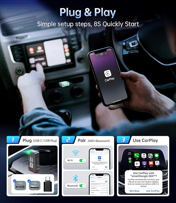 2in1 Wireless Carplay Adapter,2025 Upgrade Mini USB Design for Car Play&Android Auto,Easy Use Fast Stable Connection for iPhone (Grey-Brown)