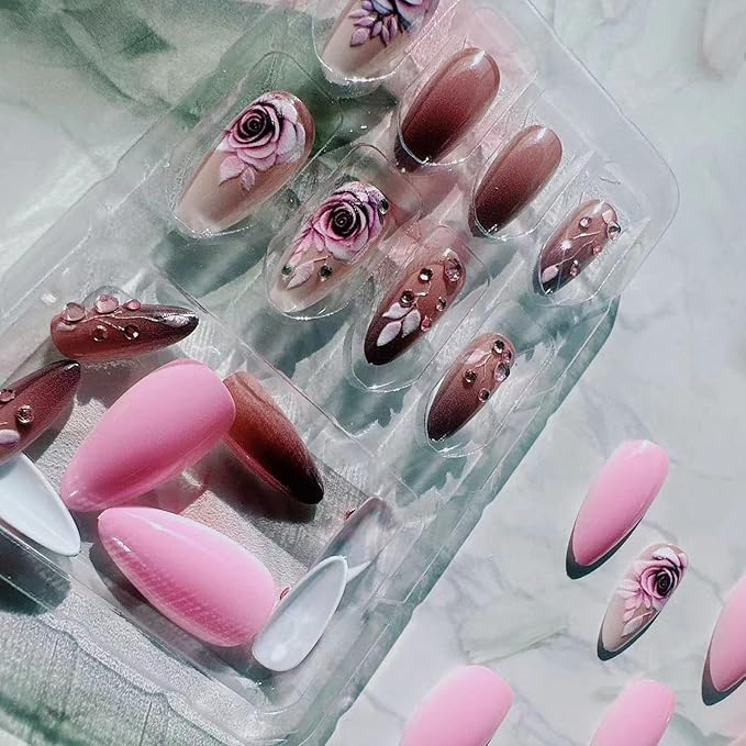 24Pcs Flower Press on Nails with Rhinestone Design False Nails Glossy Glue on Nails Purple Rose Acrylic Medium False Nails Flowers Stick on Nails for Women Nail Art Floral Finger Manicure Decorations