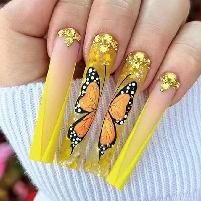 Extra Long Coffin Glue on Nails French Tip Press on Nails Long Yellow Gradient False Nails with Rhinestones Glitter Design Cute Butterfly Fake Nails Glossy Acrylic Nails Press ons for Girls 24Pcs