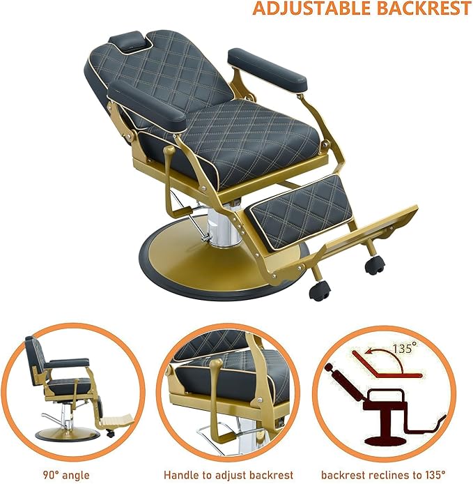 Kaleurrier Black and Gold Barber Chair: Professional Heavy Duty Recliner Salon Chair for Hair Stylist - Reclining Hydraulic Barber Shop Chairs for Home Hair Beauty Salon Massage Barbershop