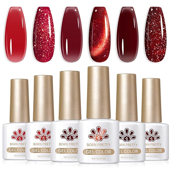 Born Pretty Jelly Red Burgundy Gel Nail Polish Christmas Ruby Blood Red Glitter Cat Magnetic Eye Gel Nail Polish Cherry Wine Gel Polish Collection Soak Off U v Led Gel Nail Kit Minicure DIY Gift 6PCS