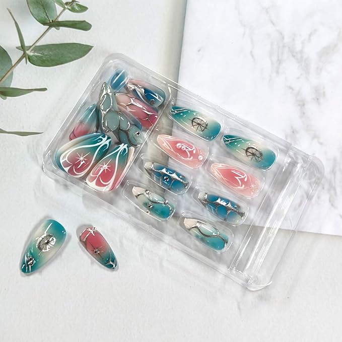 24Pcs Blue Press on Nails Medium Almond Fake Nails with Irregular Sliver Lines Design Pink Blue Gradient Glossy Full Cover Acrylic False Nail Tips Star Peal Glue on Nail for Women Manicure