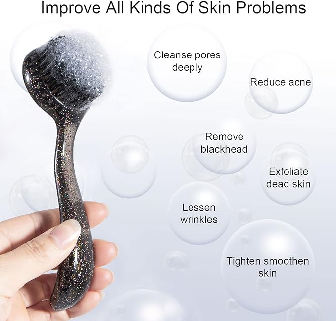 3 Pcs Large Handheld Face Scrubber, Beomeen Facial Cleansing Brush Charcoal Black Bristles Face Exfoliator Cleaner Soft Brush with Lid for Gentle Deep Cleansing and Exfoliating (Black-Glitter)