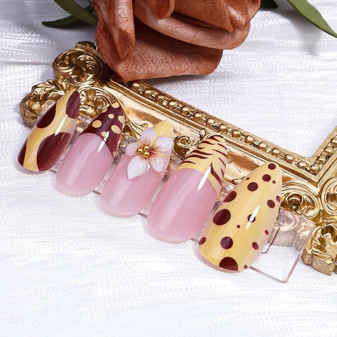 24Pcs Fall Almond Press on Nails Medium French Tip Fake Nails with Gold Beads Design 3D Flower Glue on Nails Brown Leopard Print Artificial Acrylic Nails French Tip Stick on Nails Decoration for Women