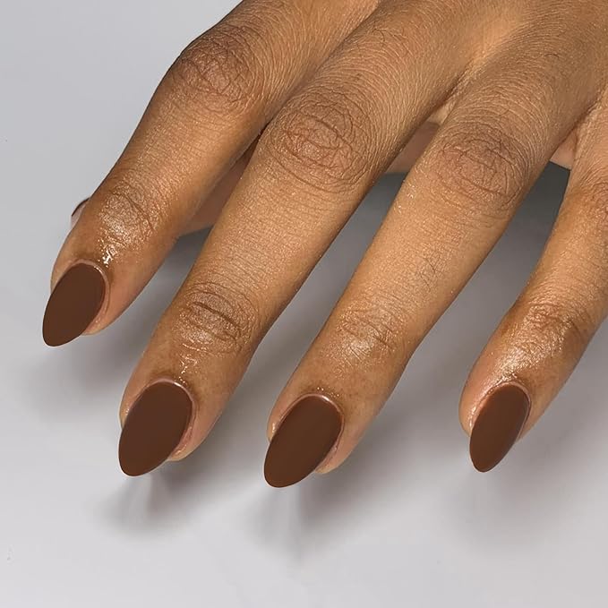 Matte Brown Press on Nails - Short Almond False Nails, Thick Solid Color Glue, Medium Oval Round Shaped Nails for Women, Natural Acrylic Gel Finish