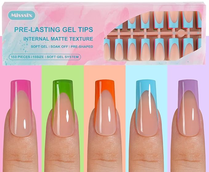 Misssix French Gel Nail Tips, 150Pcs French Tip Press on Nails Long Square, No Need to File Tips Pre-lasting, Fake Nails for Nail Art DIY 15 Sizes
