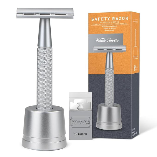 Double Edge Safety Razor with Stand, Single Blade Razors for Men and Women, Reusable Metal De Razor, Men's Safety Shaving Razors with 10 Double Edge Blades, Smooth and Close Shave, Matte Silver