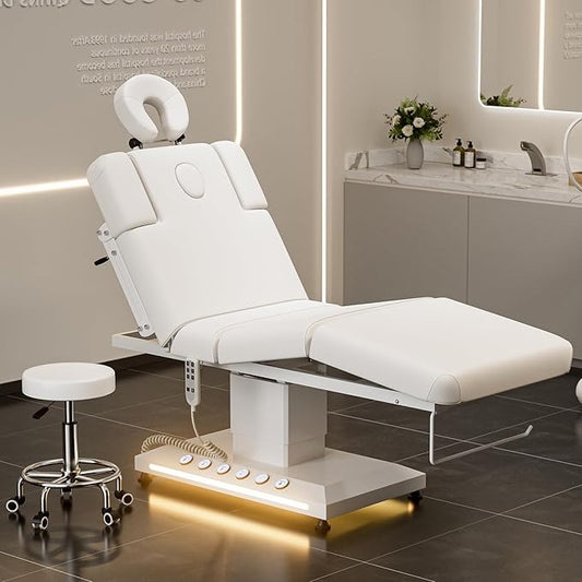 VARONXE Full Electric Massage Table Spa Bed, Professional Facial Bed with Independent Leg Adjustment, Armrests and Cradle, Medical Treatment Chair for Beauty Salon, White