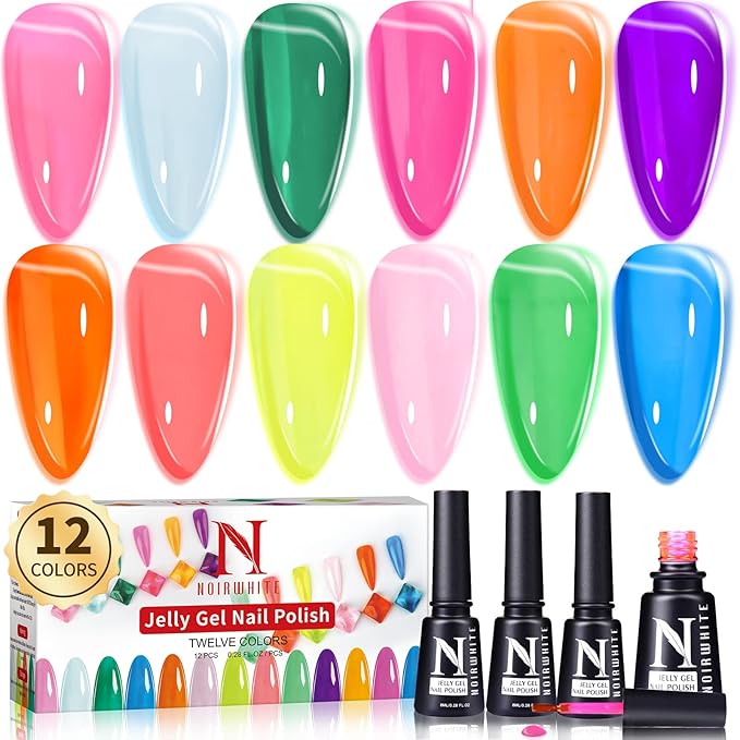 Jelly Gel Nail Polish, 12 Pcs Glossy Trendy Colors Transparent Nail Polish Set Nude Pink Purple Green Blue Yellow Colors Jelly Nail Polish Kit UV LED Soak Off Home DIY Nail Art Salon