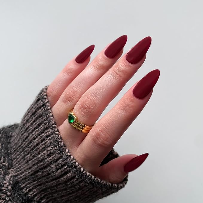 48pcs Matte Red Press-on Nails - Almond Shaped, Stiletto False Nails, Medium Length, Thick Natural Gel Acrylic Finish