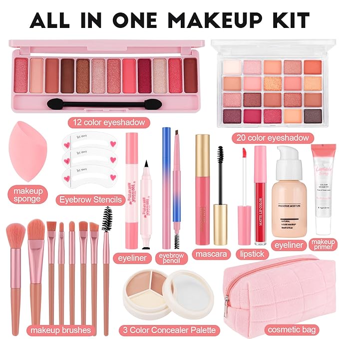 All In One Makeup Kit For Teen Girls Beginners:With Foundation, Face Primer, Eyeshadow, Lipstick, Eyeliner, Mascara, Brushes, Bag, Travel Friendly MakeUp Gift Set, Stocking Stuffers for Teen Girls