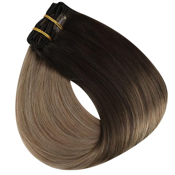 Full Shine Clip in Hair Extensions Ombre Human Hair Dark Brown to Ash Brown With Blonde Real Hair Extensions Clip ins 14 Inch 7 Pcs 120 G