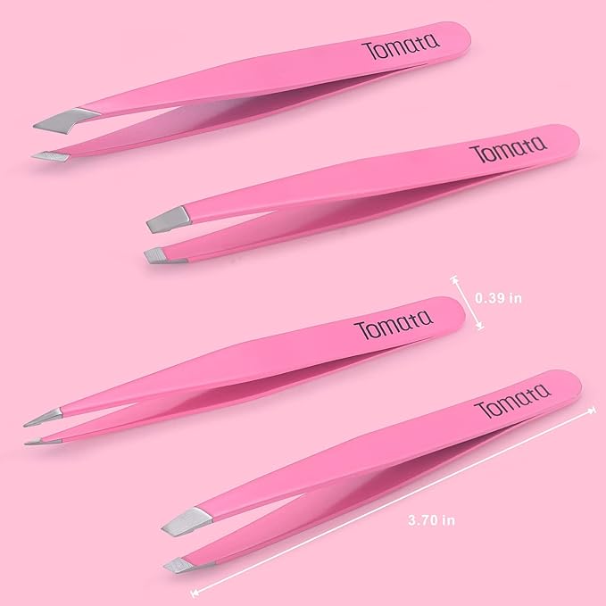 Tweezers for Eyebrows, Slant Tip and Pointed Eyebrow Tweezer Set Great Precision for Eyebrows Facial Hair, Ingrown Hair, Splinter, Blackhead and Tick Remover (4-piece) (pink)