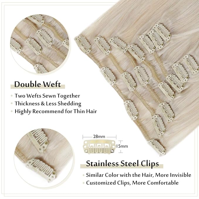 Full Shine Platinum Blonde Hair Extensions 20 Inch Blonde Clip in Hair Extensions for Dying for Dance 120 G 7 Pcs