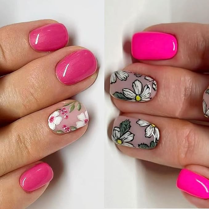2 Packs 48Pcs Flowers Press on Nails Short Square Fake Nails Pink Floral False Nails Squoval Artificial Acrylic Nails with Design Glossy Glue on Nails Press ons for Women Girls Spring Manicure Set