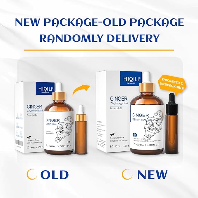 HIQILI Pure Ginger Essential Oil 3.38 Fl Oz, Pure Natural Premium Ginger Oil for Massage, Diffuser, Large Bottle with Dropper & Gift Box -100ml