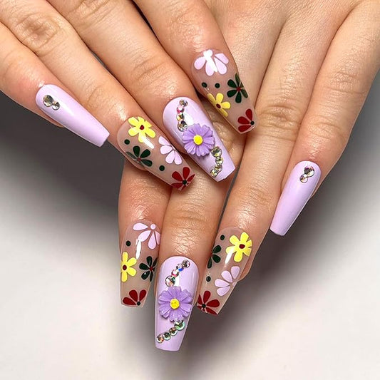 Coffin Press on Nails Medium False Nails Glossy Glue on Nails with 5D Flower Rhinestones Design Floral Coffin Nails Press ons Purple Full Cover Fake Nails Cute Stick on Nails for Women 24Pcs