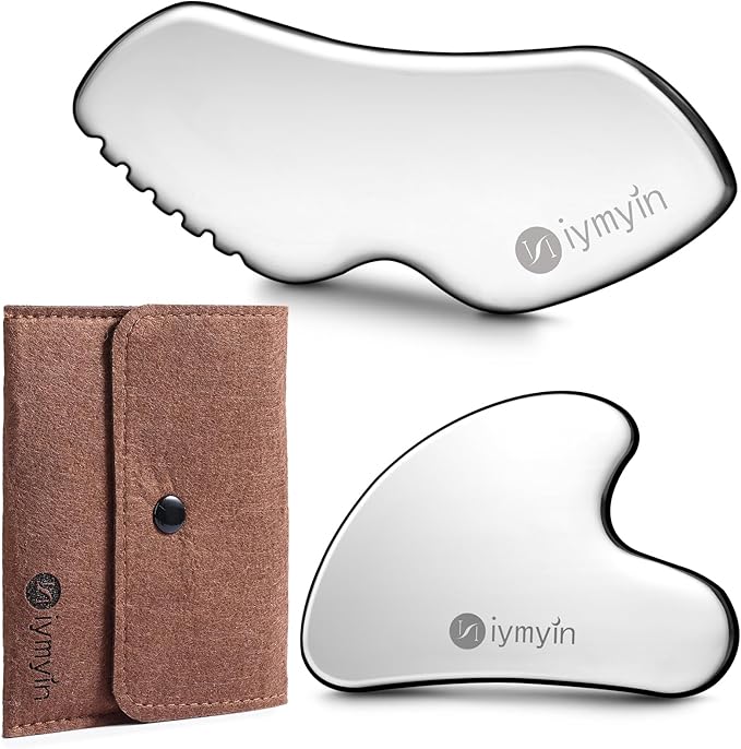2 Pcs Stainless Steel Gua Sha Facial Tools Set, Guasha Tool for Face and Body Skin Massage, Facial Scraping Tools for Jaw Lift Massager, Puffiness Reduction, Lymphatic Drainage & Skin Tightening, Gift