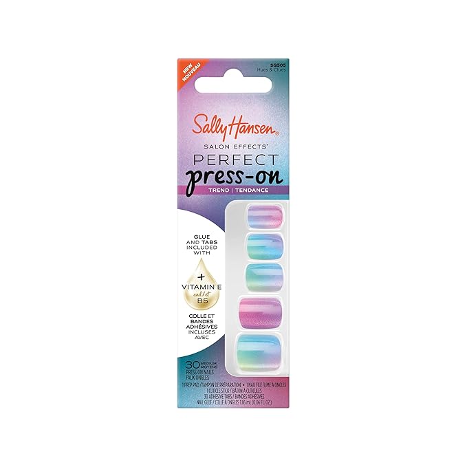 Sally Hansen Salon Effects Perfect Press-On Nails | Square Shape | Easy to Apply, Non-Damaging | 30 Nails, Nail Glue, Adhesive Tabs, File | Hues & Clues