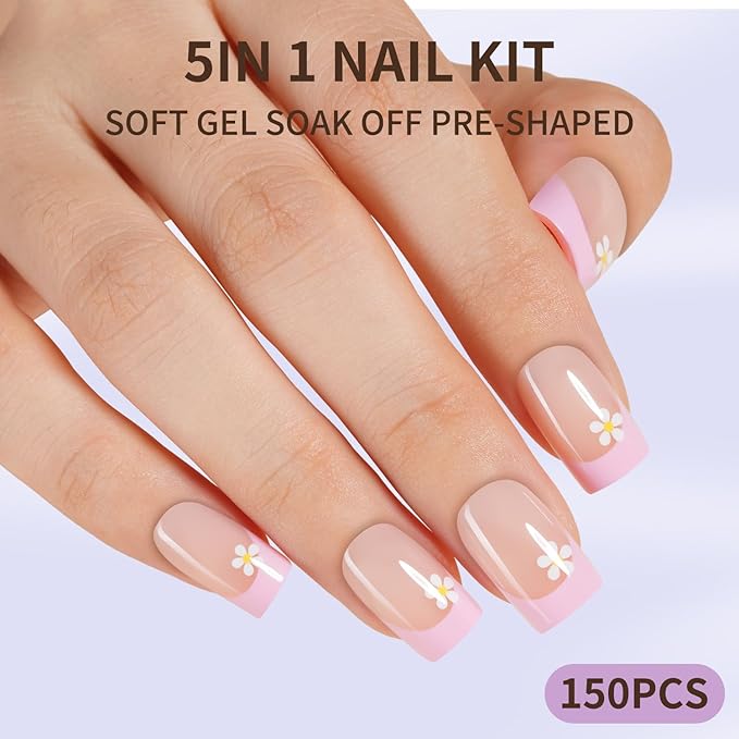 150Pcs Short Press On Nails, French Tip Press On Nails, Soft Gel Flower Stick On Nails Reusable Square Fake Nails for Women 15 Sizes, Daisy