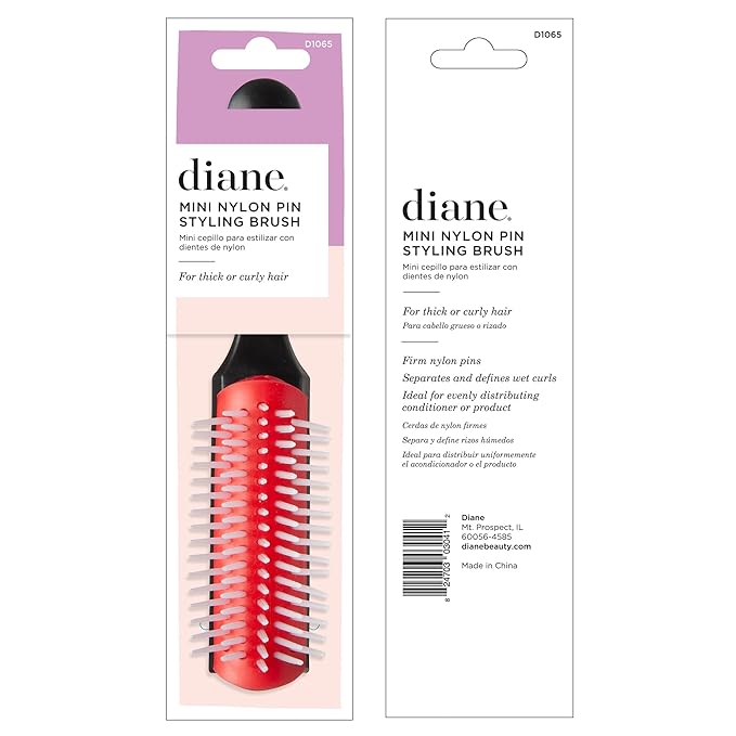 Diane Pro Mini Nylon Pin Styling Brush for Detangling, Separating, Shaping, and Defining Wet or Curly Hair, Heat-Resistant, Anti-Static, Black/Red