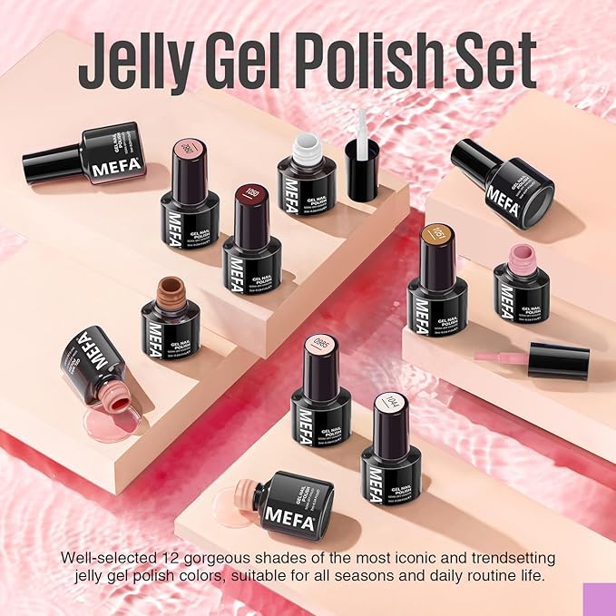 MEFA Jelly Gel Nail Polish Set, 12 Colors Jelly Red Glitter Nail Polish Set Nude Pink Milky White Nail Polish Gel Neutral Transparent Sheer Red Gel Nail Gifts for Women Girl DIY Salon Home Manicure