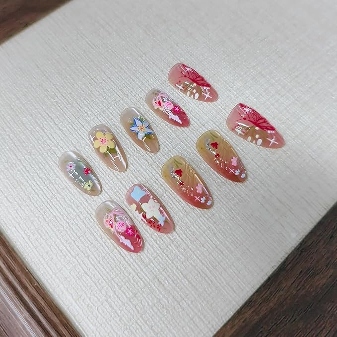 Handmade Press on Nails Almond Medium 3D Flower Fake Nails Colorful Floral Nail Art Butterfly Acrylic Nails Spring Summer Glue on Nails Full Cover False Nails for Women Manicure Accessories, 30Pcs