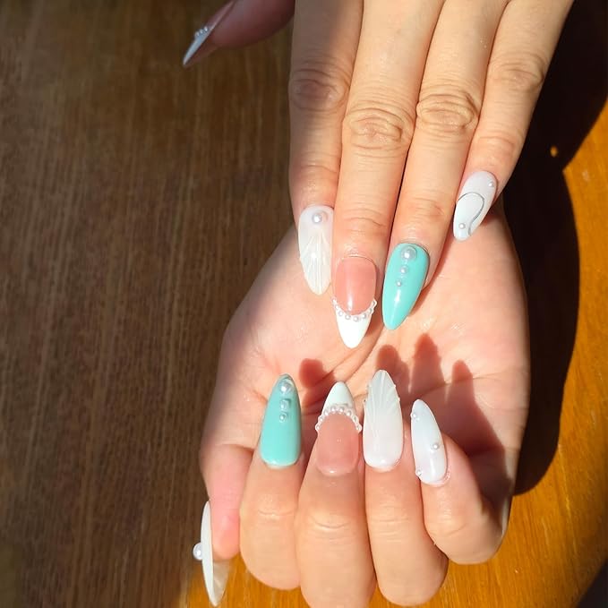 3D Pearl Press On Nails Medium Almond- Handmade Nude Base Mint Green with 3D Leaf Design -Gel Acrylic 10pcs Reusable (Forest Elves, Size S)