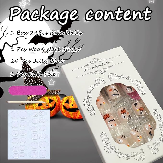 24Pcs Halloween Press on Nails Short Fake Nails Nude Pink Square Acrylic Nails Cute Ghost Full Cover Stick on Nails with Pumpkin Spider Web Bat Design Glue on Nails Art Decorations for Women Girls
