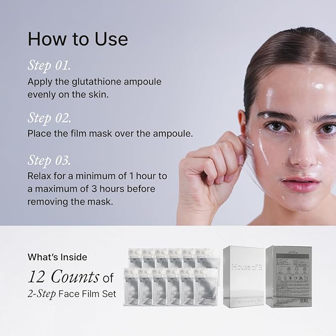 House of B Glow Glutathione 2-Step Face Film Set for Wrinkle Reduction & Skin Tone Enhancement, Shine Your Light with 12 Counts Korean Mask