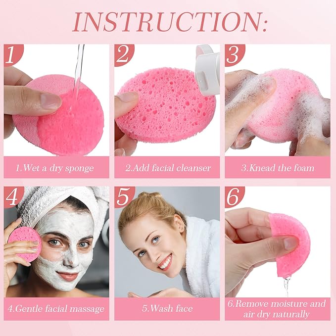 Sieral 120pcs Compressed Facial Sponges Disposable Natural Face Sponges Round Soft Pads with Container for Washing Face Cleansing Exfoliating Esthetician Makeup Removal Travel(Pink)