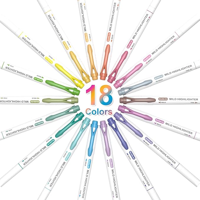 Shuttle Art Pastel Highlighters, 18 Colours Dual Tip Highlighters, Highlighter Markers Assorted Colours, Perfect for Colouring, Underlining, Highlighting, Journaling in School Office Home