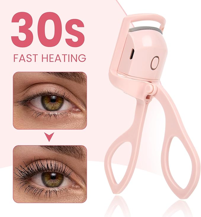 Electric Heated Eyelash Curler for Women – USB Rechargeable Heated Lash Curler with Quick Heat-Up, Multi-Temp Settings, 24H Natural Curl, Anti-Scald Silicone, Portable Makeup Tool, Pink