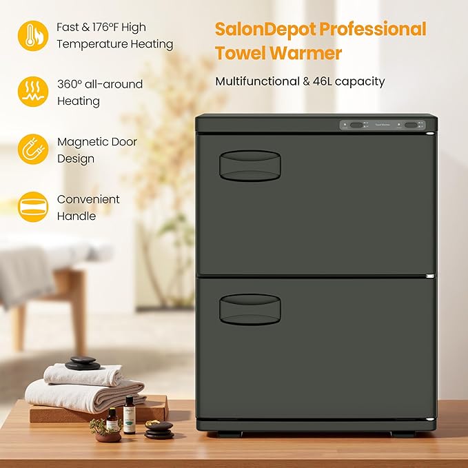 Hot Towel Warmer SalonDepot 46L Large Capacity Spa Towel Warmer with Double Cabinets for Salon, Barber Shop, Massage & Facial (Black)