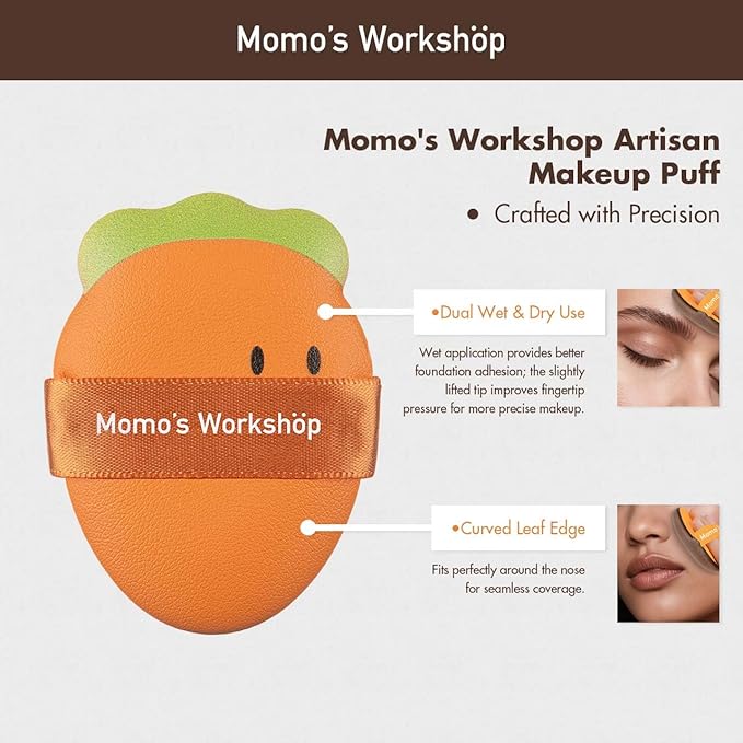 Momo’s Workshop Carrot Makeup Sponge – Dual-Use PU Beauty Sponge with Lychee Leather Handle, 16mm Hydrophilic Sponge for Foundation Coverage, Dry/Wet Application,2pcs with Case